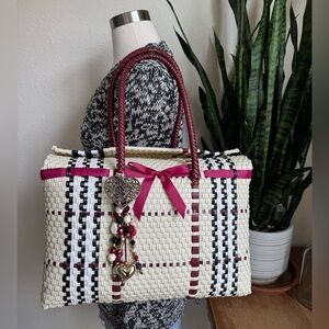 Vintage Woven bag Heart beaded Charm Tote plaid Bow Festival Basket‎ Style